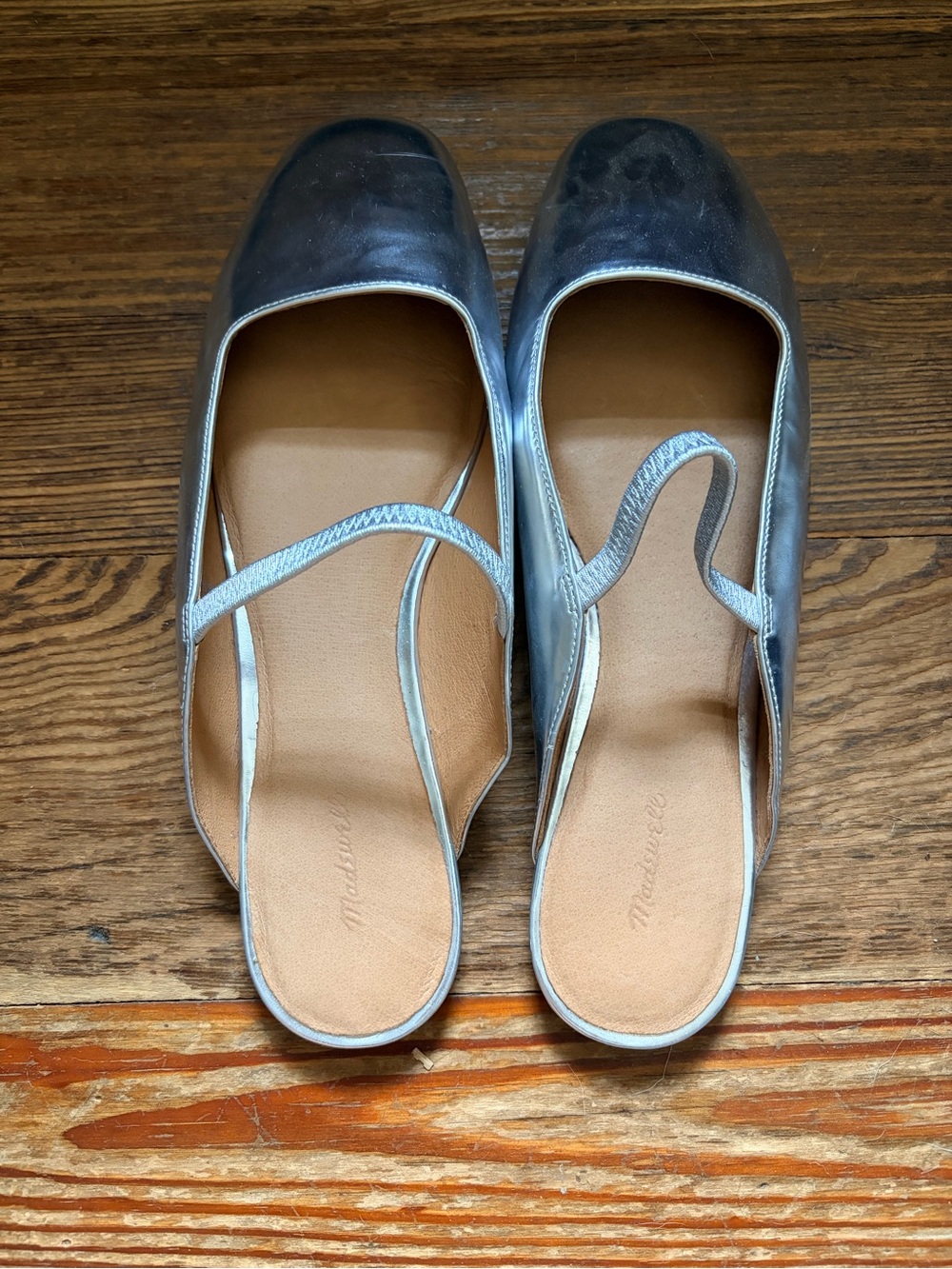 Metallic Silver Slip-On Women’s Flats with Cross Strap